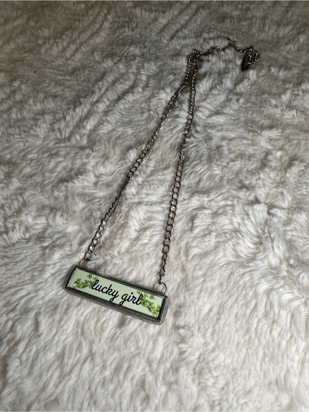 Lucky Girl Silver Tone Necklace with Green Accent